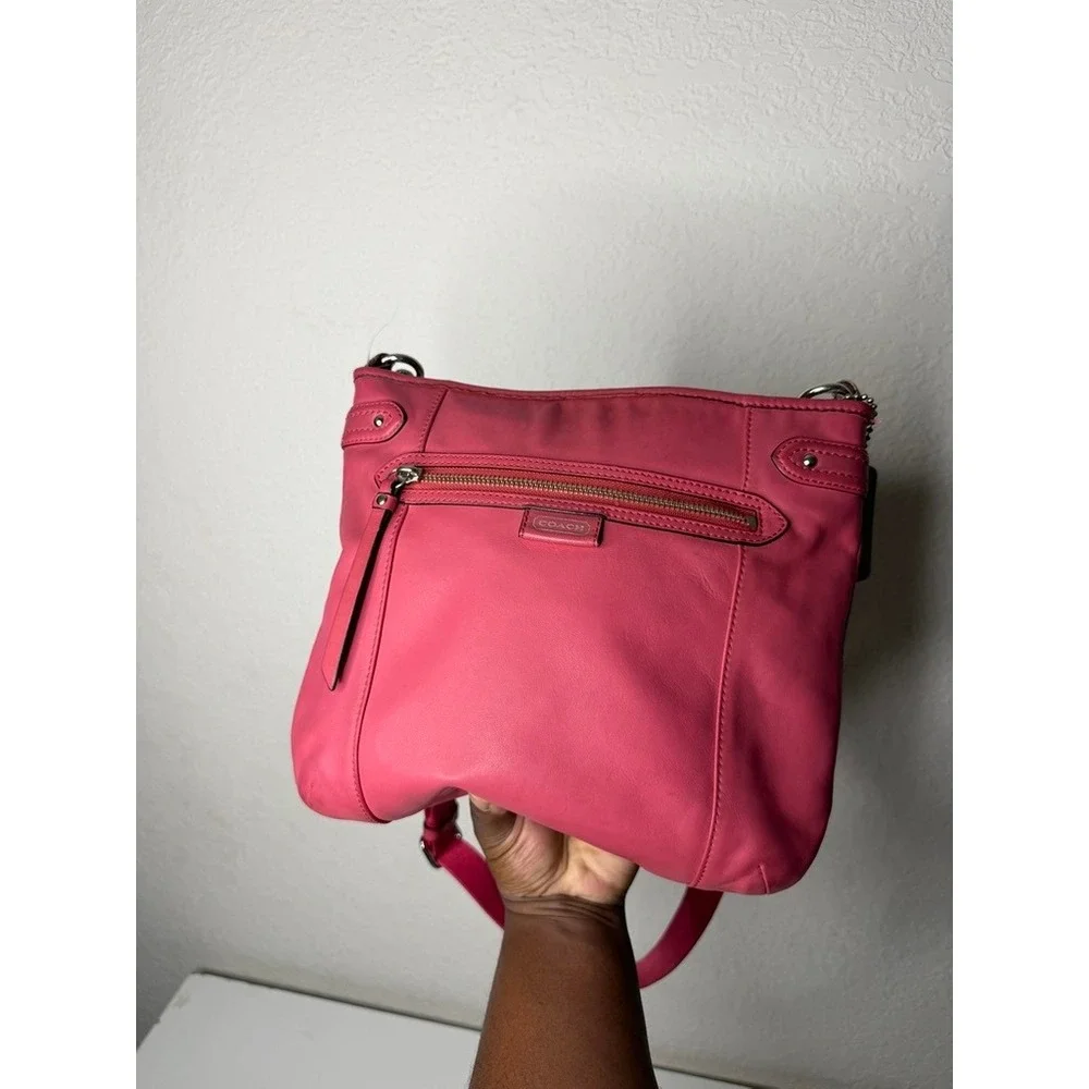 Coach Pink Leather Crossbody Bag F23948 Front Zip Pocket Adjustable Strap
